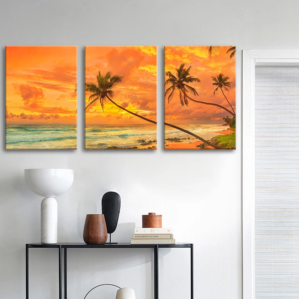 Modern Home Decor 3-Piece Set Watercolor Orange Seascape Sunset Coconut Tree Beach Canvas Wall Art Landscape Oil Painting Poster