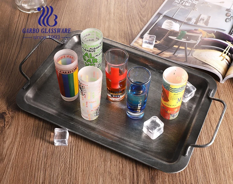 Stock 2.5oz Hot-selling Wholesale DIY-design Jigger Tequila Vodka Shot Glass with Custom Decals Cheap Price Stocked Shot Glass