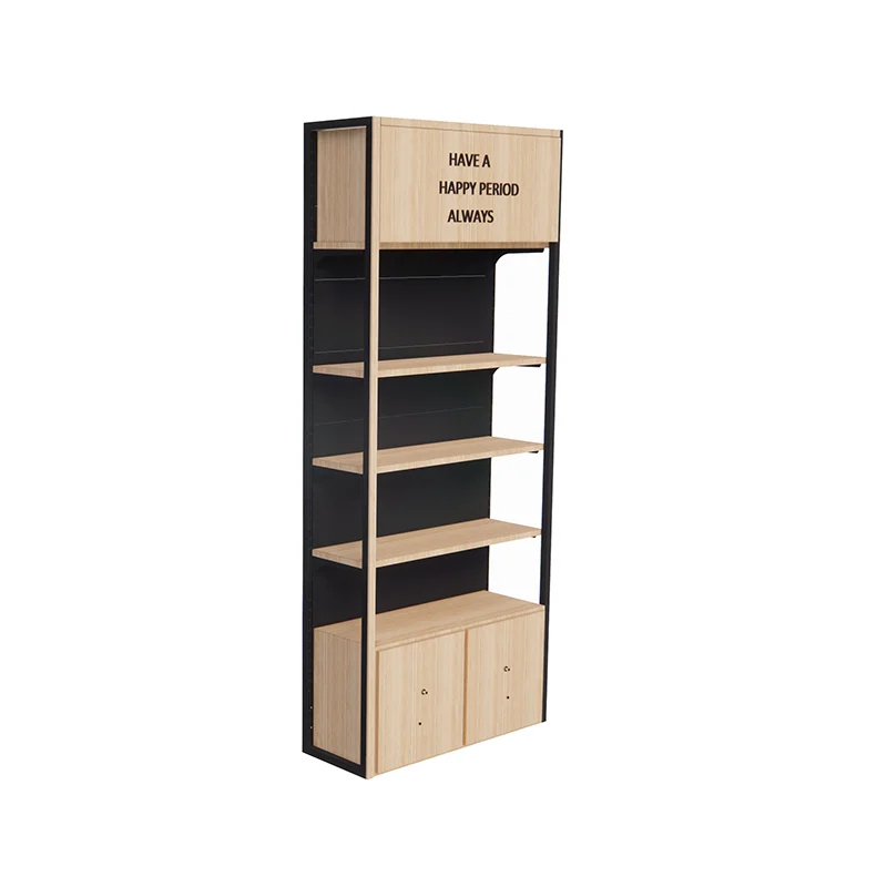 Single side wooden shelf with drawer and logo light for snacks rack cosmetic shelf baby care shelf