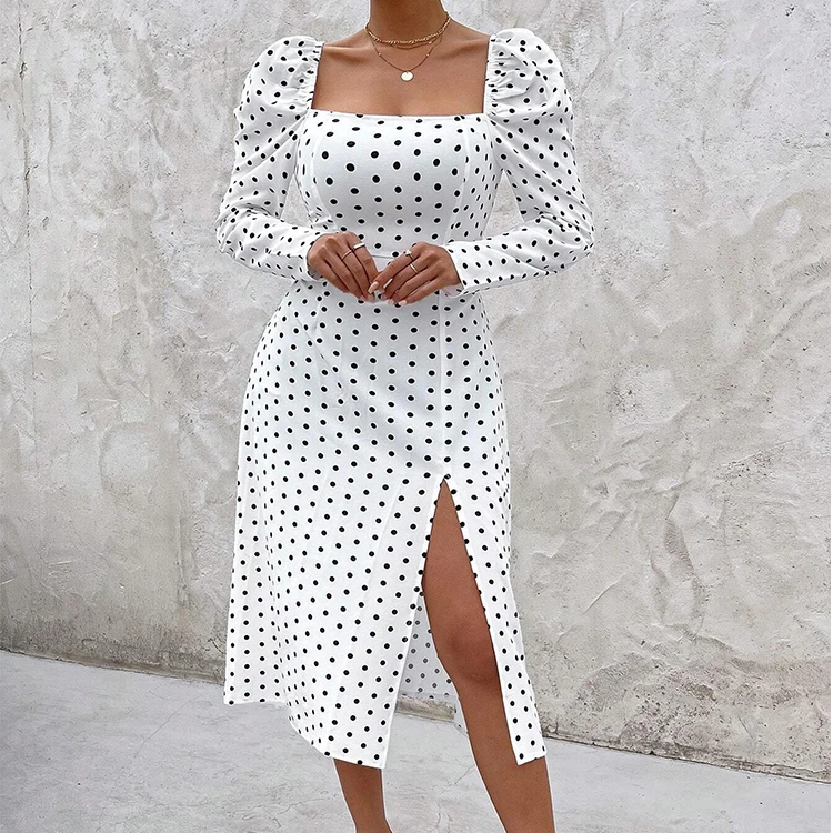 Custom Elegance Women Dot Printing Split Thigh Square Neck  Midi Dress  Long Sleeves Slim Fitted Dresses
