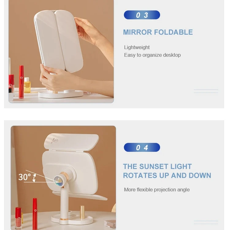 Trifold Makeup Mirror Rechargeable 5000mAh Battery Led Touch Switch Smart Cosmetic Mirrors With Led Lights Miroir De Maquillage