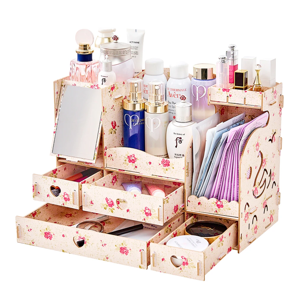 Wholesale DIY Wooden Cosmetics Box Big Makeup Container Storage Organizer Products W/ Adjustable Mirror, 4 Drawers, Tissue Box