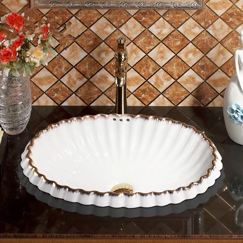 Semi Embedded Artistic Wash Basin Ceramic Coute top Bathroom basin Sink bowl oval sinks shell shape white