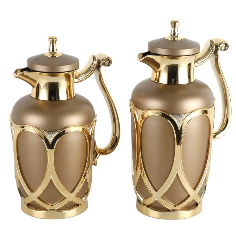 Arabic Metal Body Vase Shape 0.7L Beige Dubai Coffee Dallah Set Glass Vacuum Turkish Tea Sets