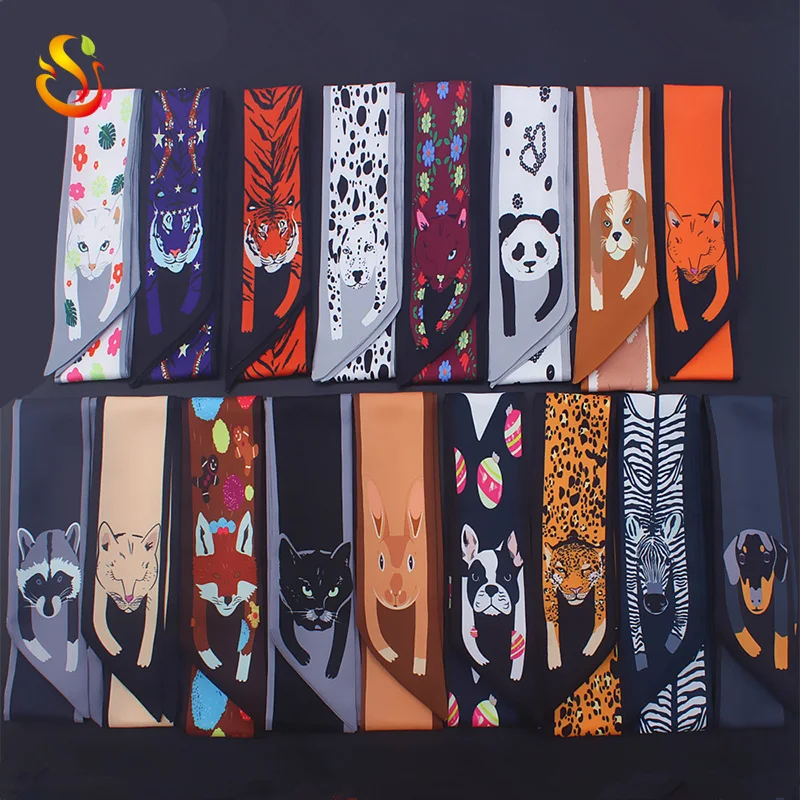 
European and American animal printed polyester silk twill scarves narrow binding bag handle small silk scarf wholesale 