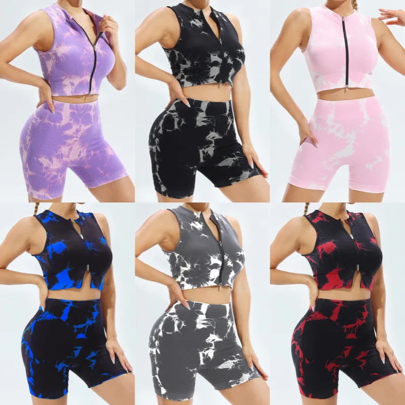Nylon 90% Spandex 10% ladies 2 piece Tie dye Seamless Shorts fitness sports Tops Sleeveless full zipper up Vest yoga suit set