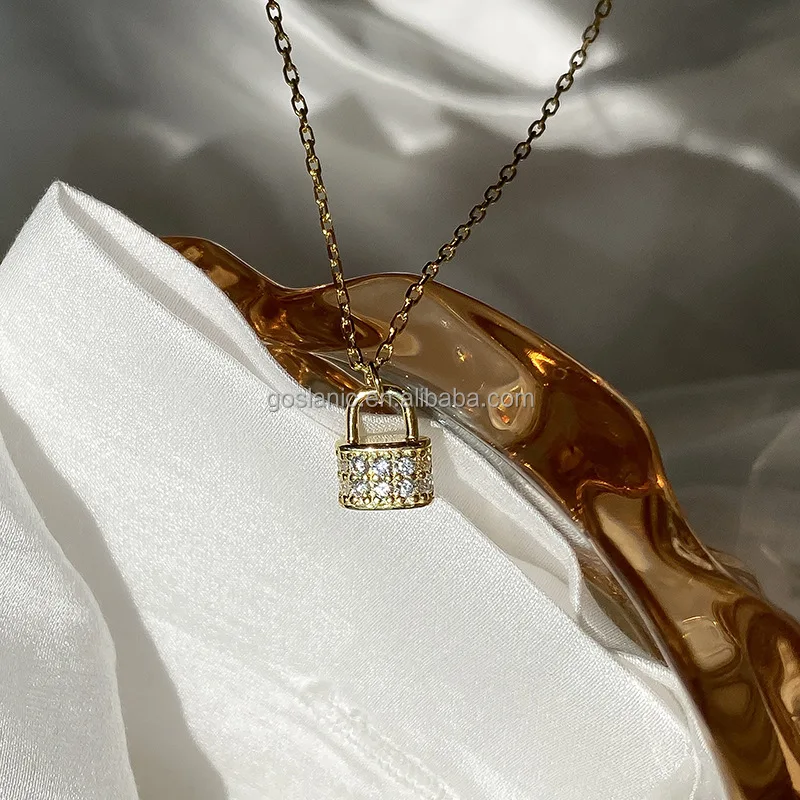 Trendy 925 Silver Diamond Minimalist Cz Designer Lock Charm Pendant Gold Filed Necklace Chain