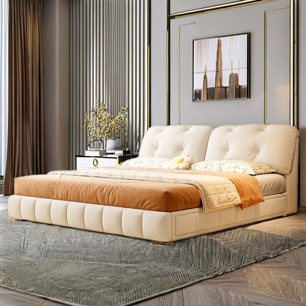 Italian Nordic Modern Design 1.8m Beige White Solid Wood Bed Frame Soft Double Bed King Size for Master Bedroom Wedding Twin Bed