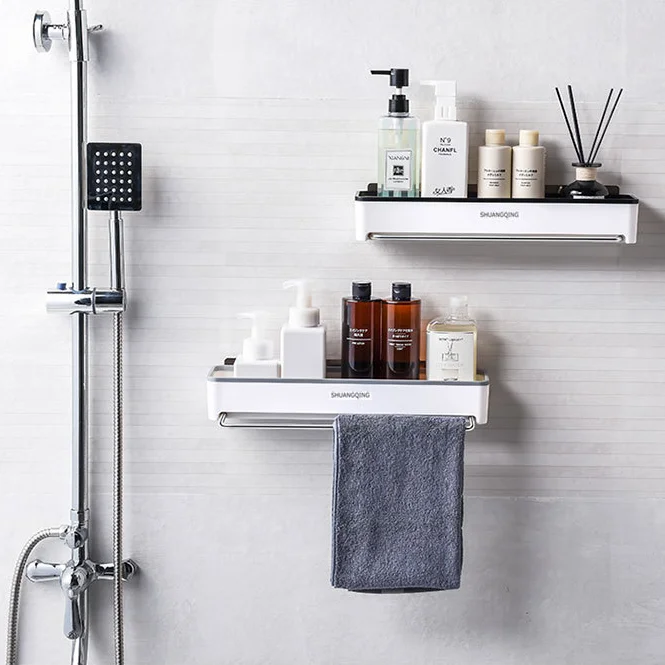 Bathroom Shelf No Drilling Plastic  Organiser Telescopic Towel Rack Shower Shelf Caddy Wall Mounted Adhesive
