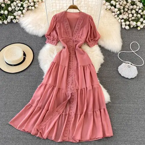 Mixed Fabric Slim & long style v neck dress One-piece big swing long skirt breathable beach dress 848218
