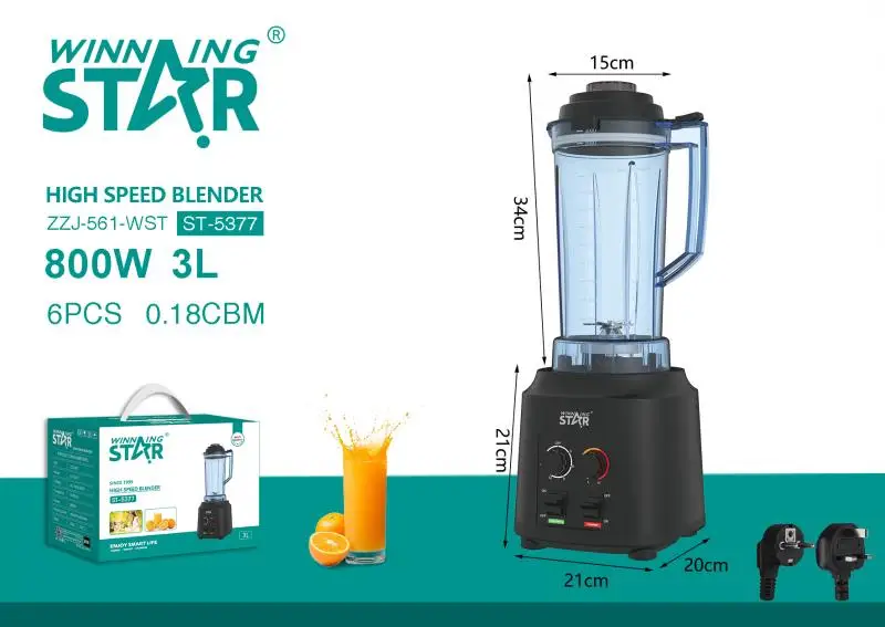 WINNING STAR ST-5377 Professional Blender 800 Watts 3 Functions for Smoothies Frozen Drinks Ice Cream with 6 Blades