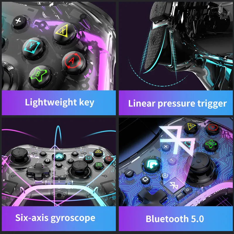 Wireless RGB Gamepad Joystick for Switch PS3 PS4 Android PC Transparent Crystal Gamepad for NS Switch rechargeable Controller