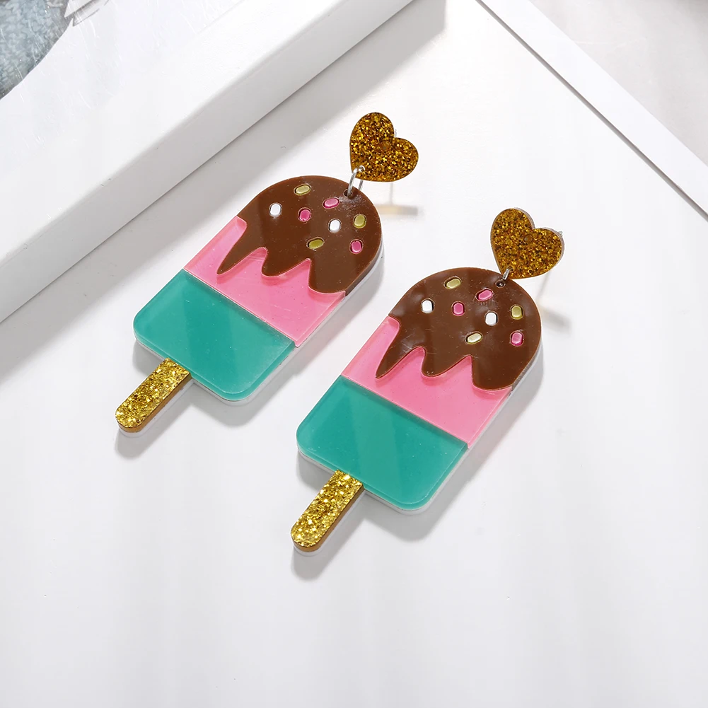 Cartoon Lovely Dessert Resin Earrings Gold Shiny Spot Ice Cream Shell Heart Pink Blue Chocolate Ice Sucker Acrylic Drop Earrings