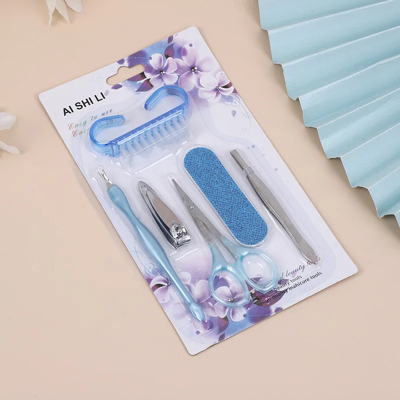 Manicure Pedicure Beauty Tool Kit 6 in 1 Multifunctional Nail Clipper Trimming File Cleaning Brush Set for Home Care