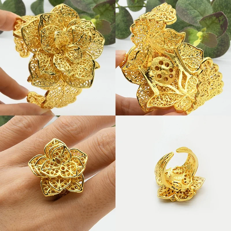 France Luxury Chain Cuff Bangle & Ring For Women Dubai Gold Color Indian Moroccan Big Bracelet Jewelry Arabic Wedding