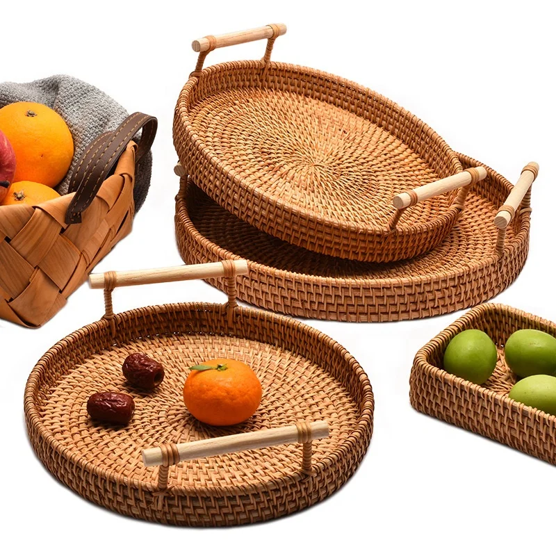 High Quality Cheap Rattan Fruit Plate Round Rattan Tray With Handle Rattan Basket