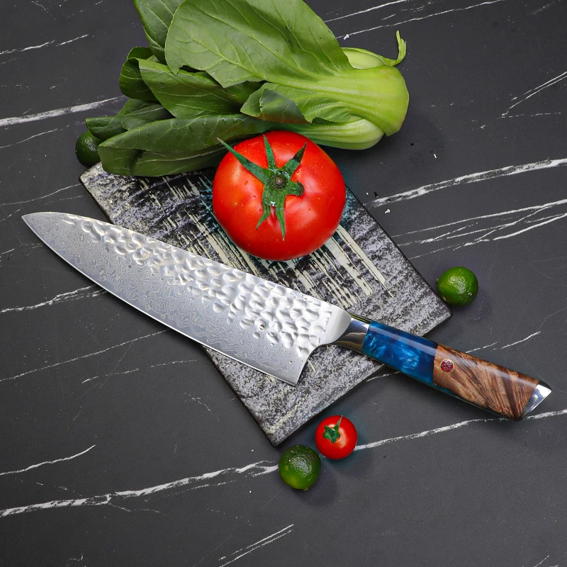 TUOBITUO Factory OEM Custom Blue Resin Handle Japanese 67 Layers Damascus Steel Forged VG10 Kitchen Chef Knife