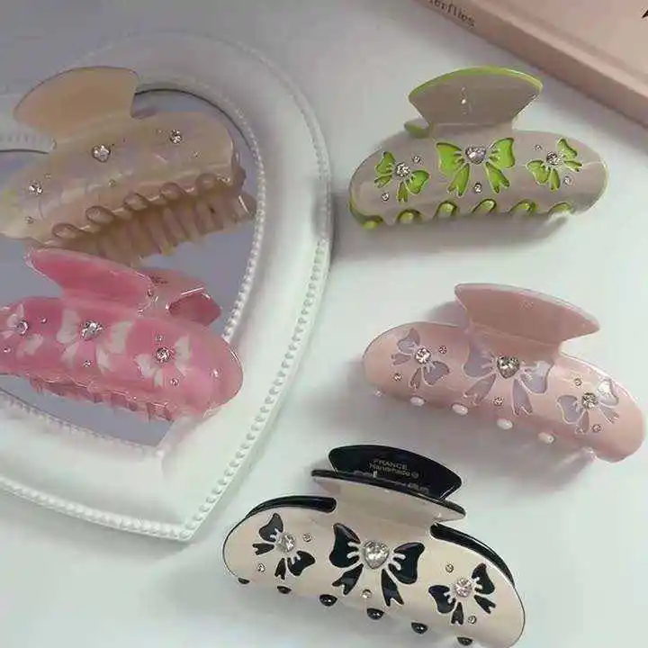 Wholesale custom cute acetate hair claw clips girls rhinestone metal backings bow hair accessories