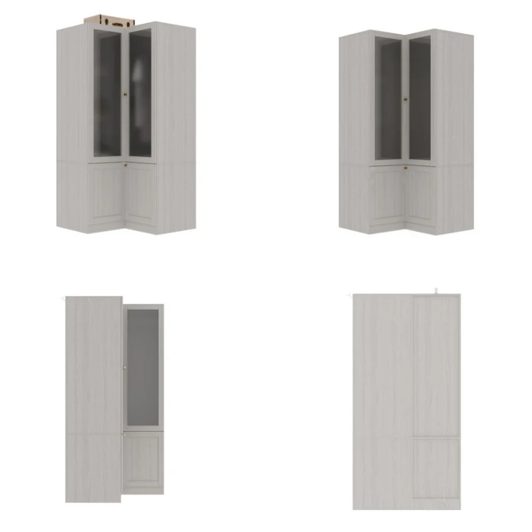 24 Years Bedroom Furniture Corner Wardrobe Cabinet, Modern Wood Grain Armoire Closet with Frosted Glass Doors
