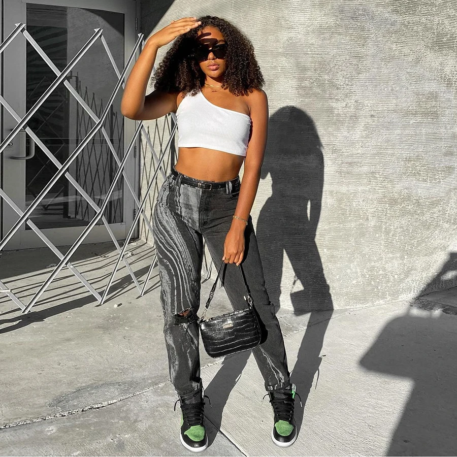 Nibber W21P00802 Newly Irregular Striped High Waist Casual Streetwear Cotton Slim Lady Denim Trousers Women Pants & Ripped Jeans