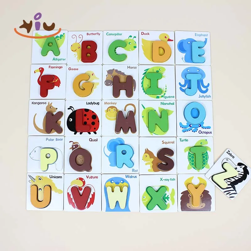 KIU Baby Abc Letter Educational Toys Animal Alphabet Matching Cards Educational Toys Wooden Letter Blocks Puzzle Game