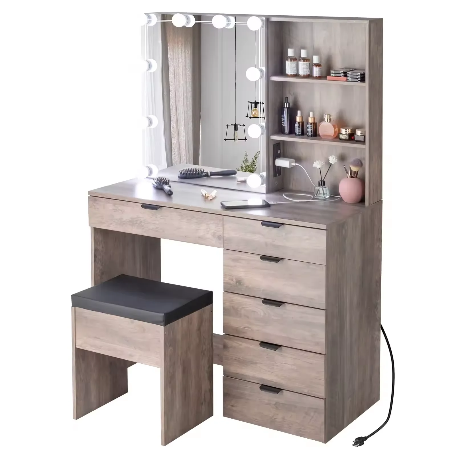 Туалетный столик Muebles Tocador деревянный для макияжа со светодиодным зеркалом и выдвижными ящиками