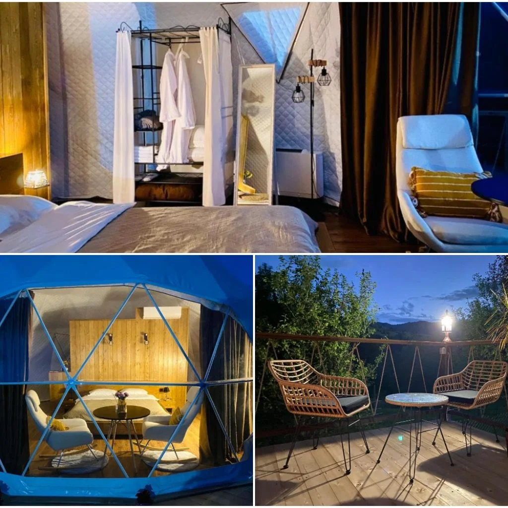 Factory direct sale yurt transparent carpas para camping frame camping equipment 6m dome house prefab camping toilet