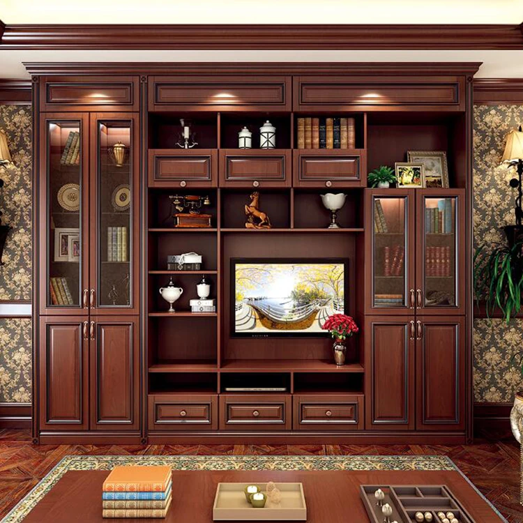 Custom European-style High-end Solid Wood Luxury Furniture Set Wall Bookshelf Bookcase With Desk