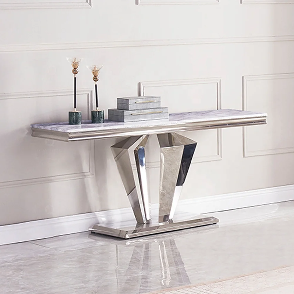 Diamond shape base high end console table modern stainless steel marble console tables