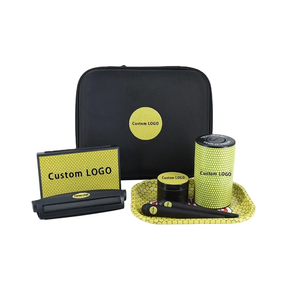 Custom Rolling Smoking Accessories Kit 6 pcs in 1 Portable Bag With Stash Jar Manual Cigarette Roller Rolling Tray Smoking Kit