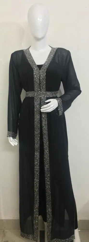 Elegant Ladies Floor Length Abaya Dress Kaftan Front Open Poncho Shrug with Hand Beads Work for Night Parties Club Wear