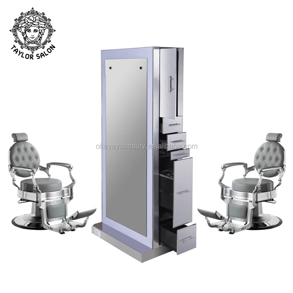 Salon furniture styling stations lighting double sided salon station barber mirror station with hairdressing chairs