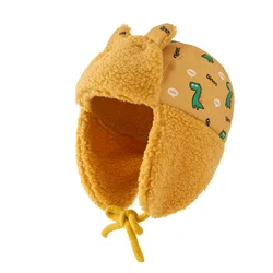 kids unisex  print dinosaur fleece lining earflaps earmuffs hat  warm winter hat