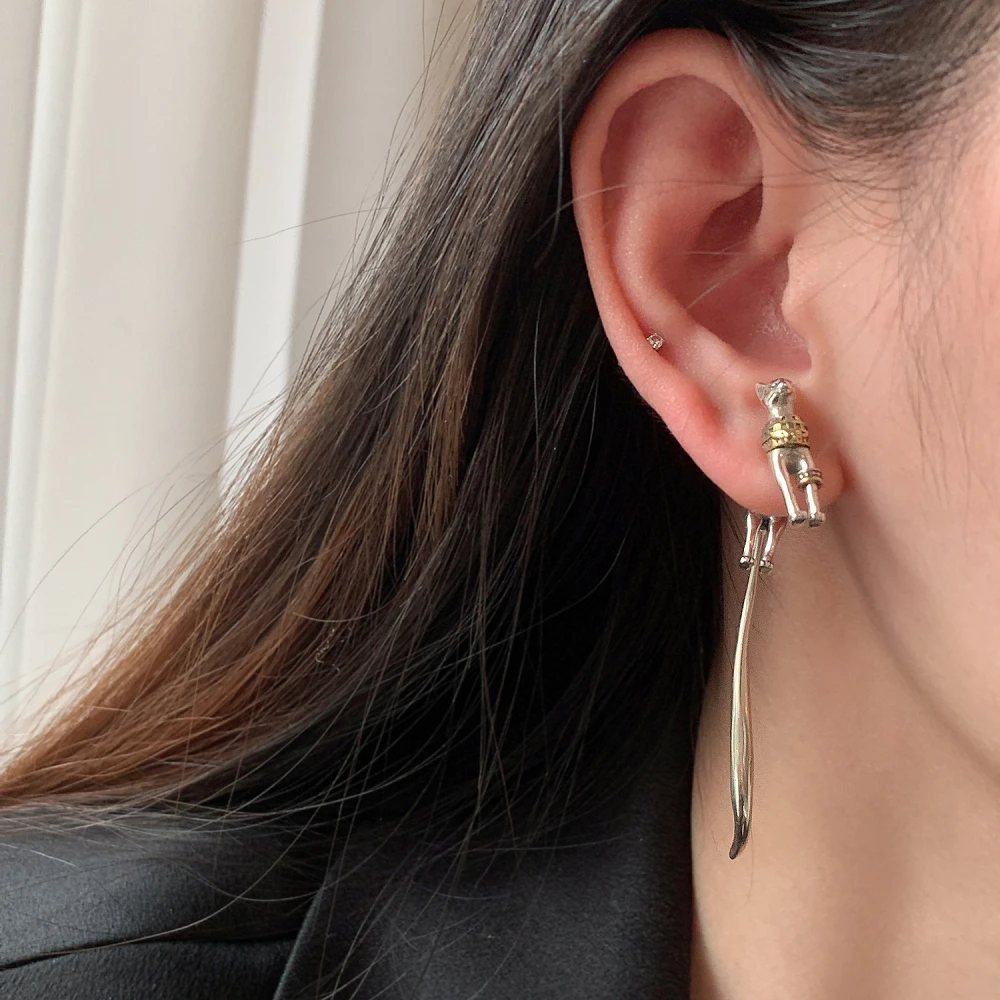 Original Goth s925 Silver Gold Contras Color Egyptian Bastet Cat Earrings for Women Vintage Female Jewelry
