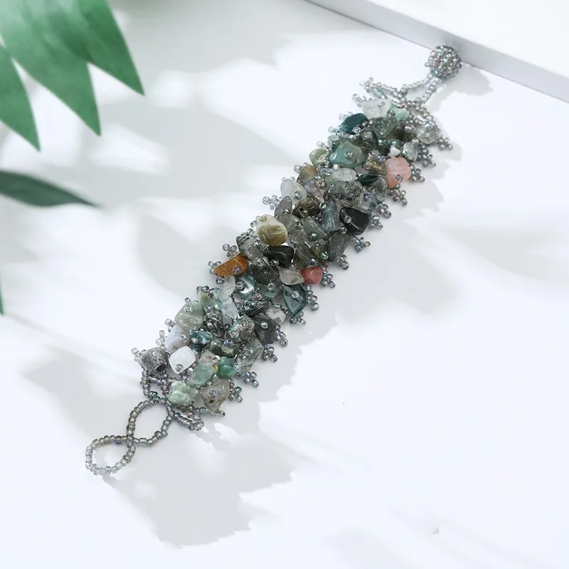 Wollet Fashionable Boho Style Agate Powder Macadamia Woven Handrack Cluster Statement Wide Bracelet for Women