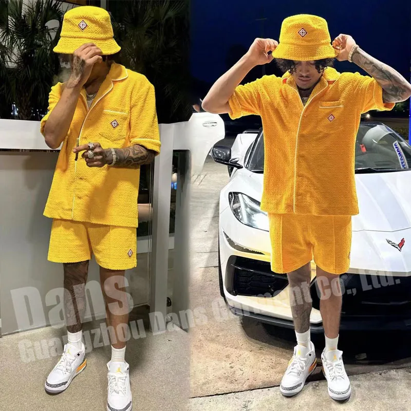 Mens Tracksuit Custom Embroidery Jacquard Shirt And Hat Short Set Street Wear Cotton 2 Piece Sweat Shorts Jogger Set For Men