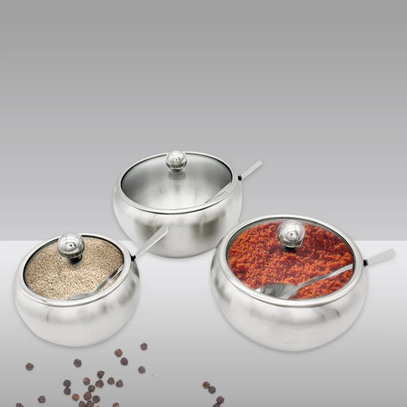 Home and Kitchen Drum Shape Stainless Steel Sugar Bowl with Lid and Spoon Sugar Bowl