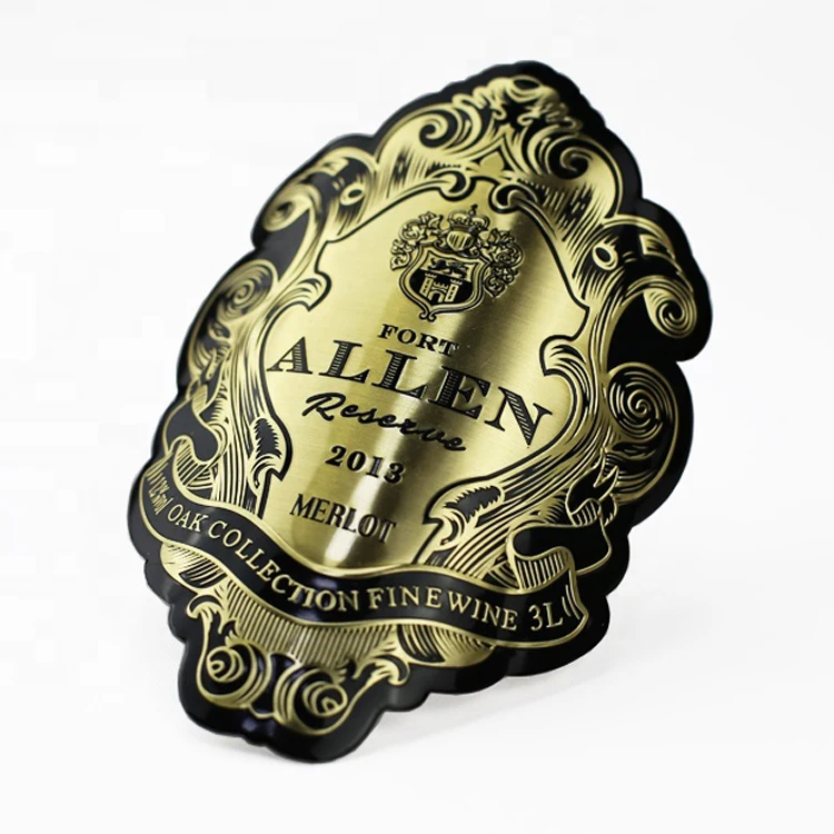New Custom High Quality Gold Embossed Wine Bottle 3d Logo Aluminum Metal Printing Logo Metal Wine Labels