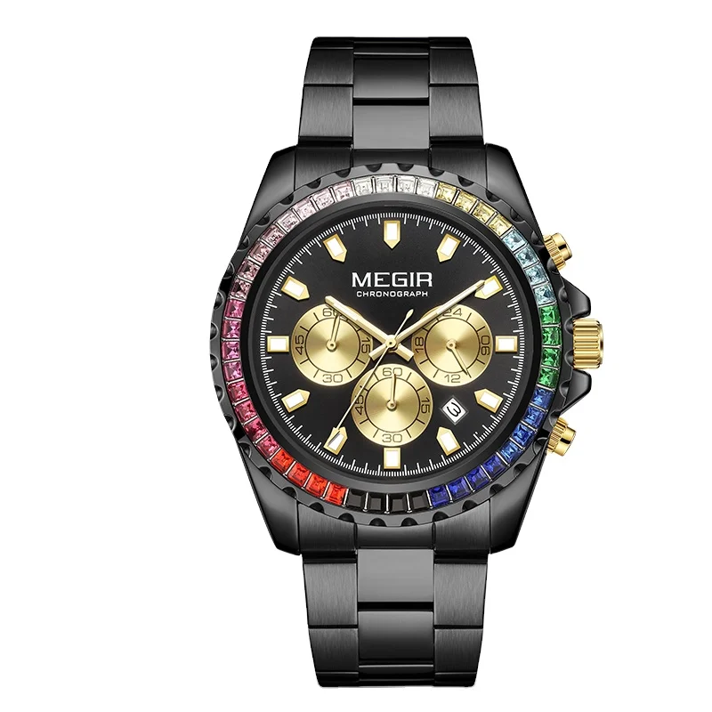 Montre Homme Megir 2227 оригинальный бренд Радужный ободок алмазные часы Хронограф Роскошные мужские наручные