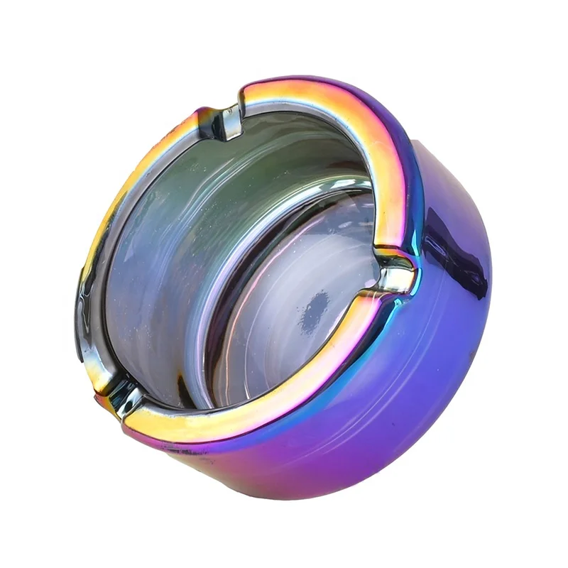 WOWO TECH Wholesale Fashion Design Round Pocket Glass Cigar Ashtray Electroplated Rainbow 85mm Custom LOGO Glass Ashtray