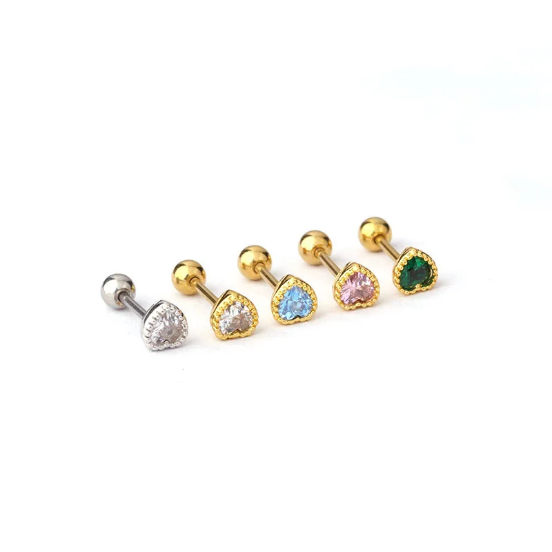 YW Wholesale New 20G Heart Cz Stainless Steel Ball Screw Stud Earrings Cuff Stud Daith Tragus Rook Piercing Jewelry