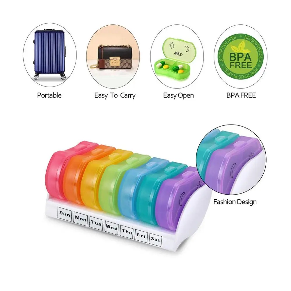 Custom 7 Days Weekly Rainbow Plastic Portable Travel Pill Storage Box / Tablet Box / Medicine Case Container