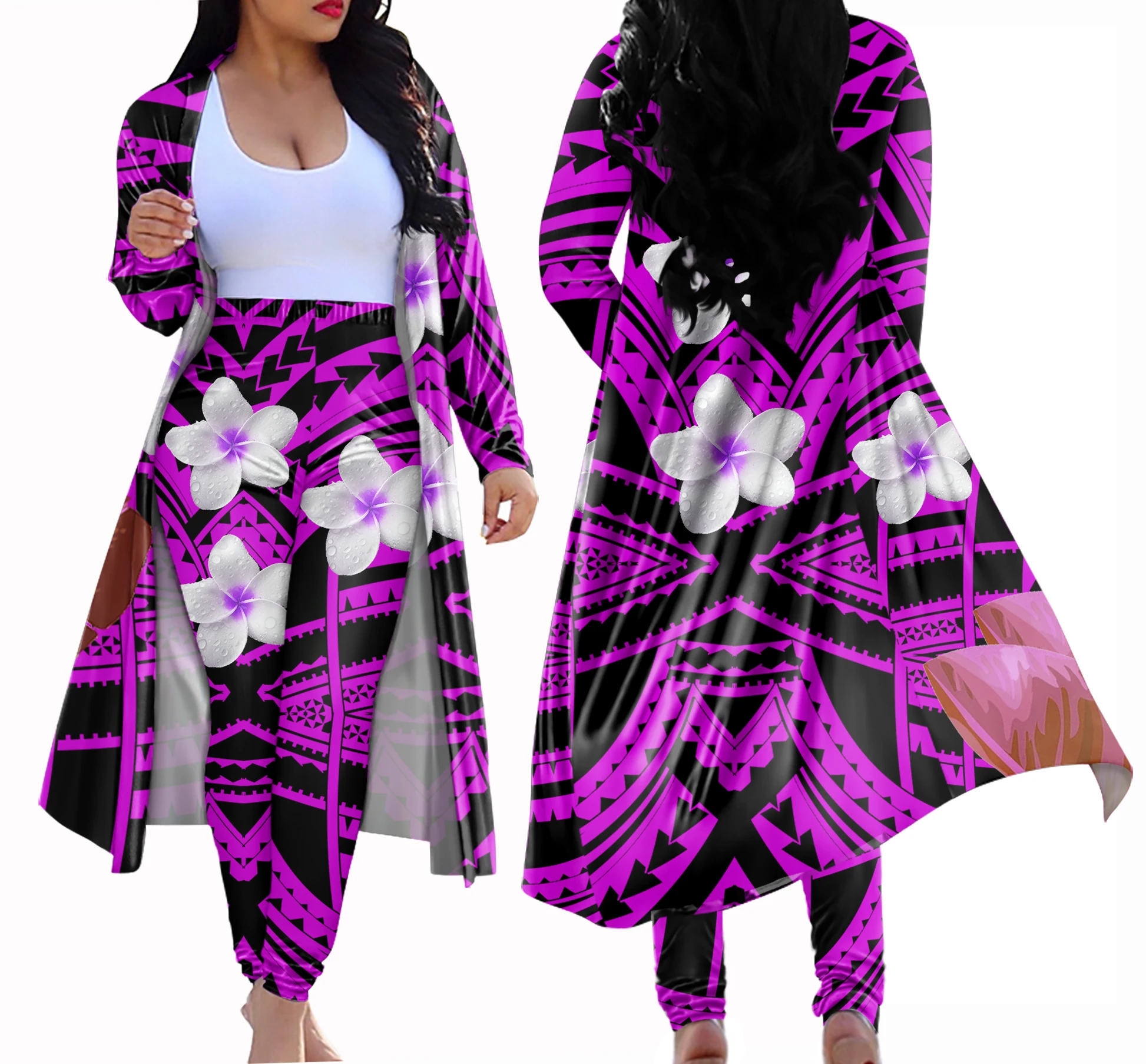 Fashion Outfits 2 in one set Polynesian Style Tribal Tattoo Print Elegant Spring Autumn Open Front Cardigan Skinny Long Pants