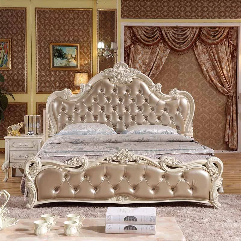 Bedroom Set Furniture Luxury Classic Style Wooden Carved Frame Leather King Size Bed