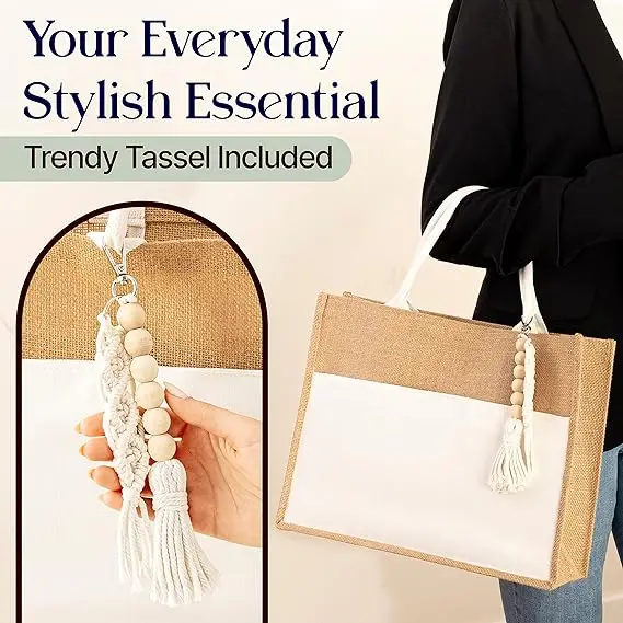 Custom logo Shopping Beach Lunch Holiday Gift Woven Handle Zipper Pocket White Jute Handbag For Women