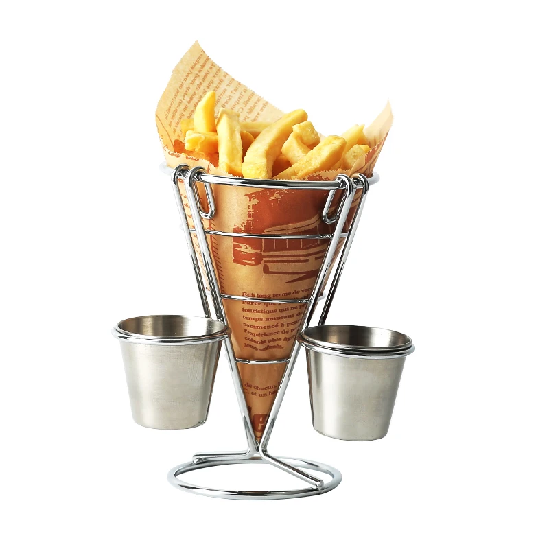
Food Grade Metal Food Cone Snack French Fry Prawn Holder With Condiment Stand 
