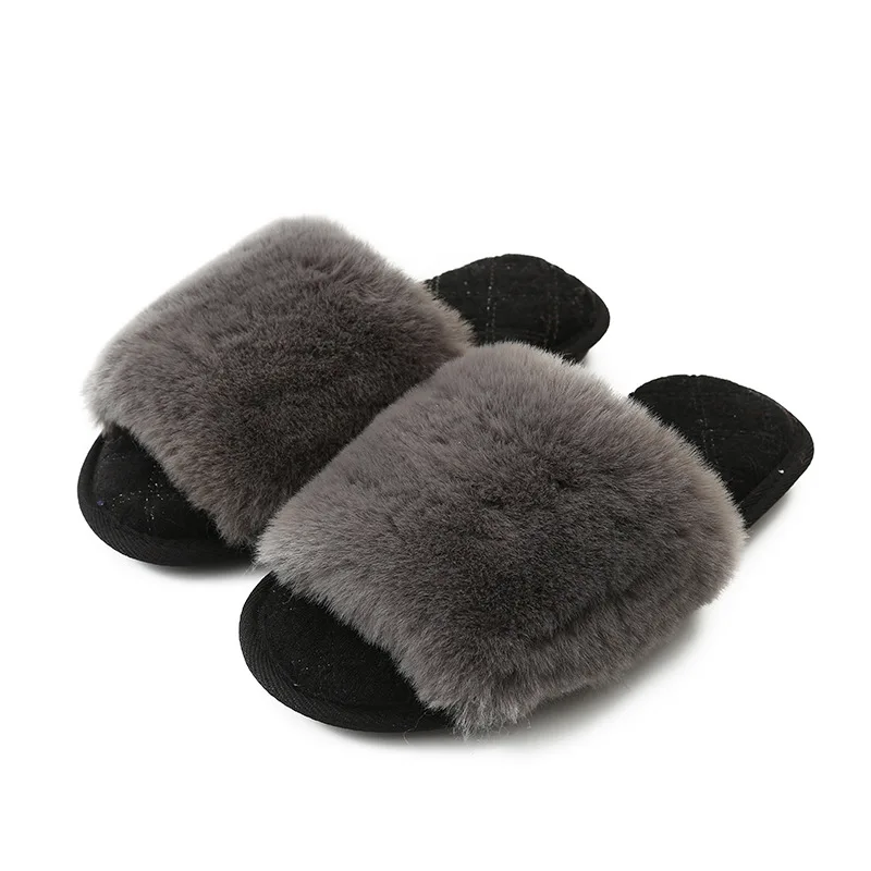 
Winter Home Cozy Women rabbit Fur Slippers Furry Flat Slides Slip On Indoor Non Slip House Shoes Female Slipper Ladies 