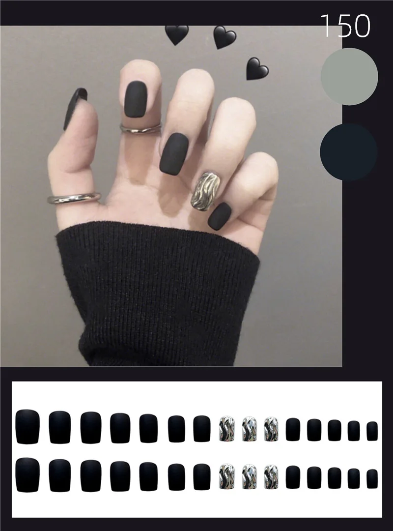 
Best selling North American black fake nail smoked water ripple silver paste finger fake French vintage fake nails 