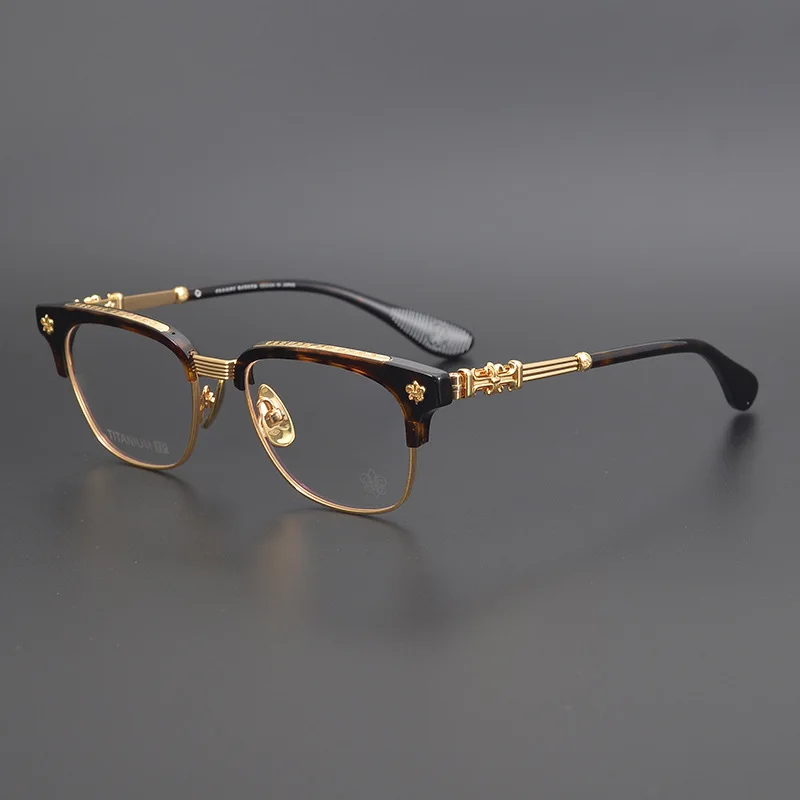 High Quality Handmade Carved Eyewear Pure Titanium Medium Gold Glasses Luxury Italian Acetate Half Frame Myopia Glasses Frame