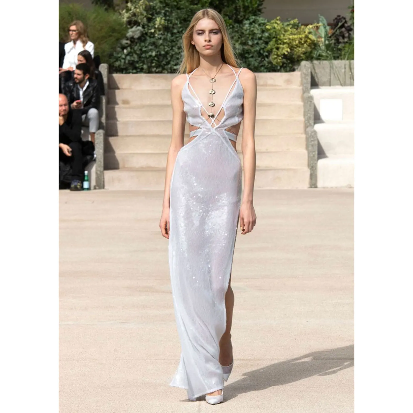 Women Sexy Deep V Halterneck Cut-out See-through Temperament Sequin White Slit Luxury Evening Dress For Wedding